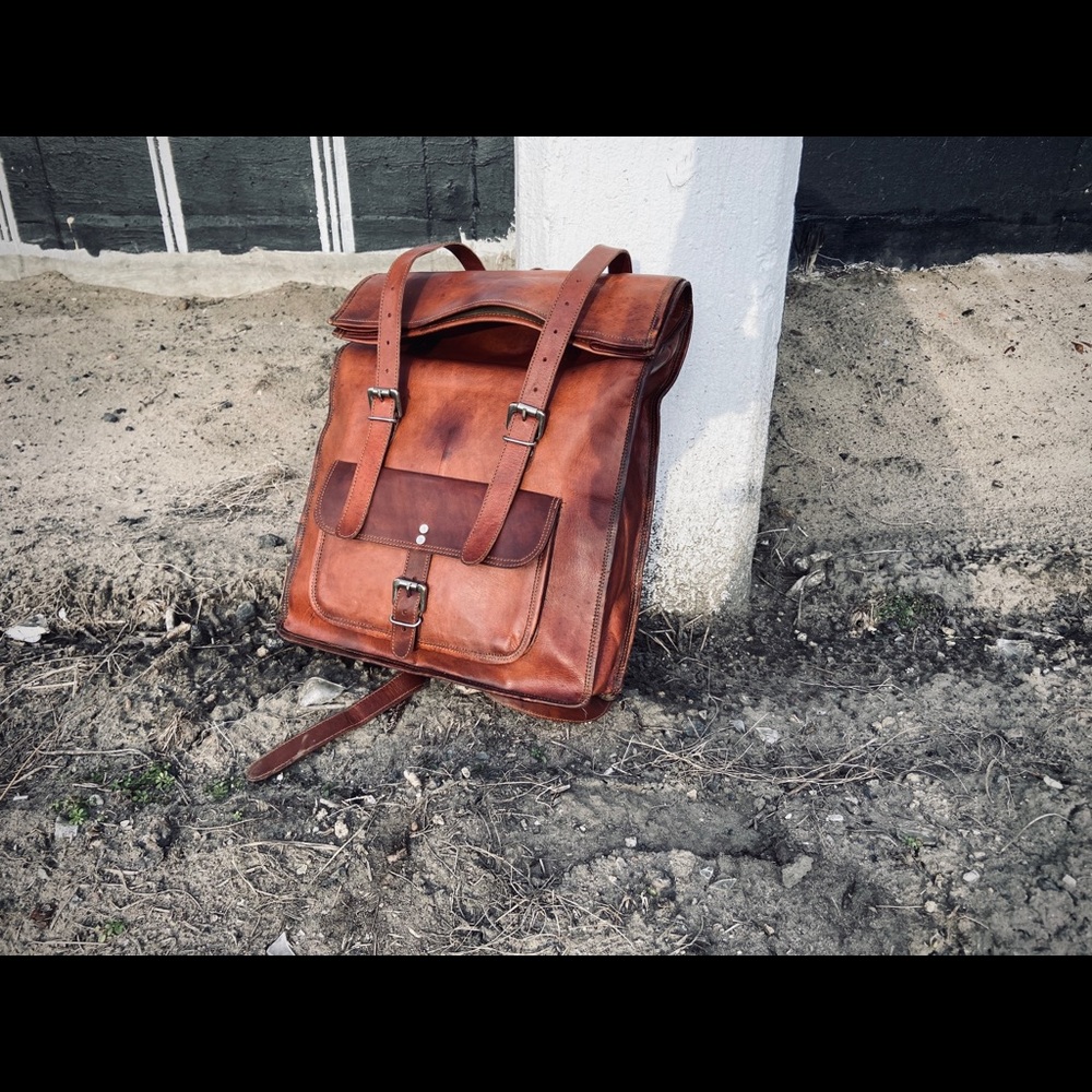 Mens Rolltop Leather Backpack Rucksack
